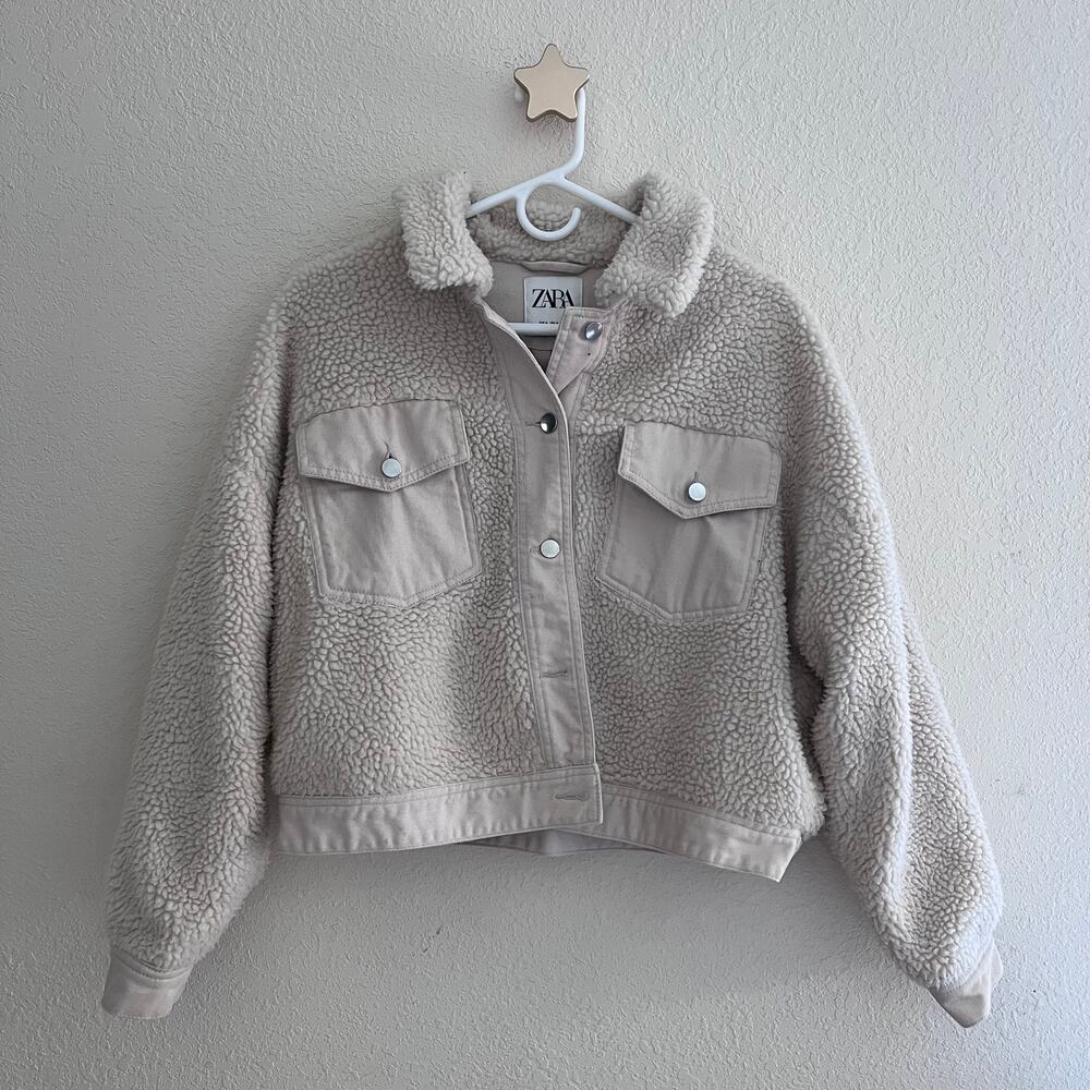 Zara Cream Sherpa Cropped Collared Teddy Shacket Jacket Size Medium